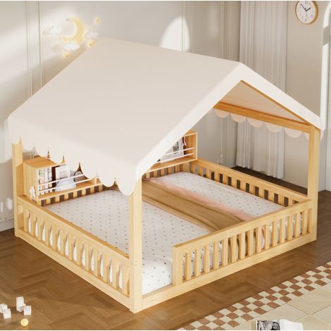 Lit cabane enfant 140x200 cm, bois, naturel, étagère, pour chambre d'enfant, sans matelas – MEUBLIV (1/5)