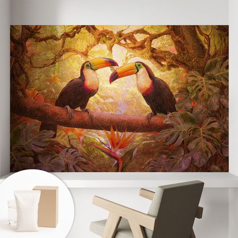 Papier peint intissé pour salon chambre à coucher peint imprimé pour mur - Colle incluse gratuite Toucans colorés 104x70 cm (1/5)