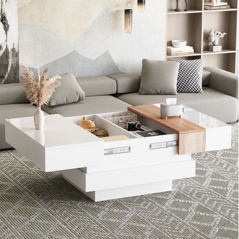 Mesa baja fija cuadrada 70x70x39 cm con almacenamientos ocultos, acabado brillante, blanco y natural (1/5)