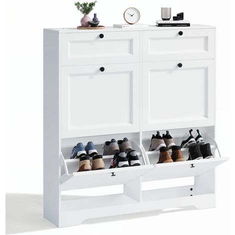 Zapatero 4 Abatibles Estrecho Bealife con 2 Cajones y Estantes Ajustables para Recibidore Pasillo y Dormitorio Salón 95 x 24 x 102 cm Blanco (1/5)