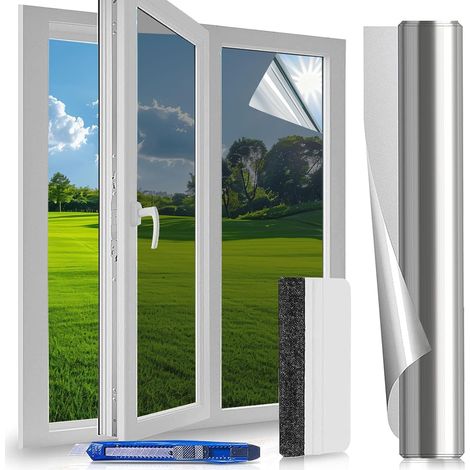 Film Fenetre Anti Regard, Anti Chaleur Anti UV, Film Miroir pour Fenetre avec Kit de Pose, Protection de la Vie Privée, Protection Solaire, pour Fenêtr Maison Bureau Magasin, Argenté, 60x200 cm (1/5)
