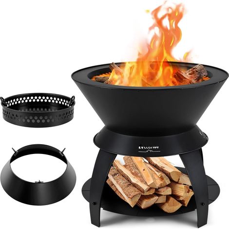 COSTWAY Brasero Foyer de Terrasse 3 en 1 de 50CM, Bol de Feu de Camping en Métal avec Support de Casserole et Étagère de Rangement, Combustion sans Fumée Enrichie en Oxygène (1/5)