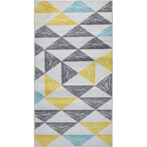 Tapis Rectangulaire Gris Jaune Vert et Blanc en Polyester aux Motifs Triangulaires pour Chambre ou Salon Moderne Scandinave 80 x 150 cm Beliani