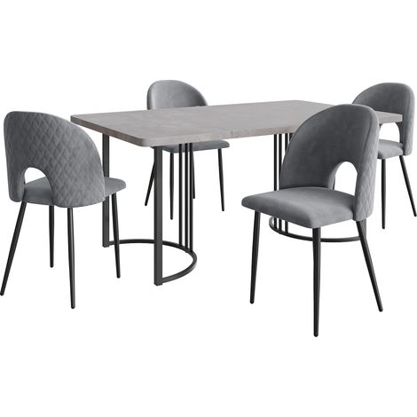 Ensemble table à manger avec 4 chaises grises en velours, table à manger 140 x 80 cm, plateau effet marbre et pieds noirs (1/5)