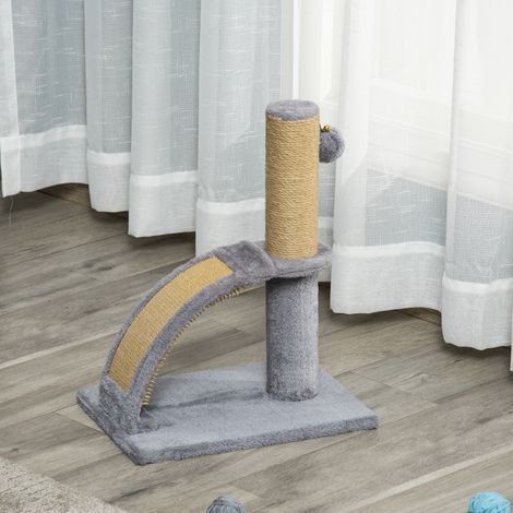 Mini tiragraffi per gatti con palo in juta, tavoletta per graffiare, pallina da appendere e morbido rivestimento in peluche, 34x24x43 cm, grigio. (1/5)
