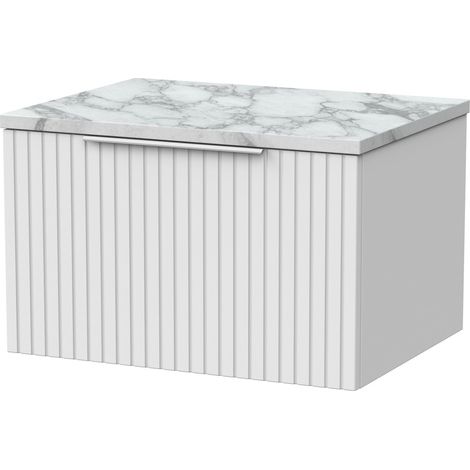 Callingwood Contemporary Wall Hung 1 Drawer Vanity Unit with Carrera Marble Laminate Worktop , 600mm, Matt White