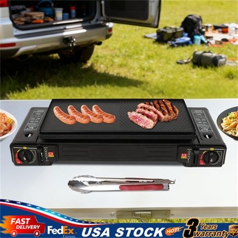 Réchaud à gaz portable 2 feux avec plateau de barbecue et mallette de rangement pour camping, voyage, randonnée, pique-nique, barbecue sur la terrasse et bien plus encore (1/5)