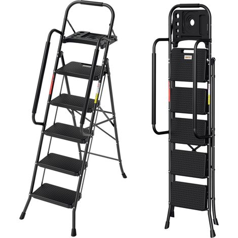 TolleTour Escalera plegable robusta 5 peldaños con pasamanos de apoyo, bandeja portaherramientas, peldaños anchos antideslizantes, carga 150 kg, negra (1/5)