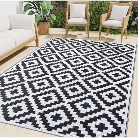 Tapis d'extérieur imperméable pour balcon, camping, résistant aux UV, lavable, pour l'extérieur, réversible pour terrasse, jardin, camping-car - 150 x 240 cm, Noir (1/5)