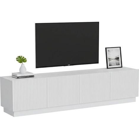 Mobile porta TV Macherio, Madia da salotto con quattro ante battenti, Design minimal e moderno, 200x40 h48 cm, Bianco
