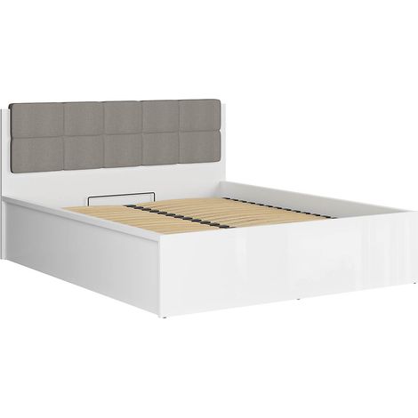 Lit coffre 160x200 tête rembourée grise avec sommier et rangement, coloris Blanc brillant - Longueur 204,5 x Profondeur 169 x Hauteur 95/40,5 cm (1/3)