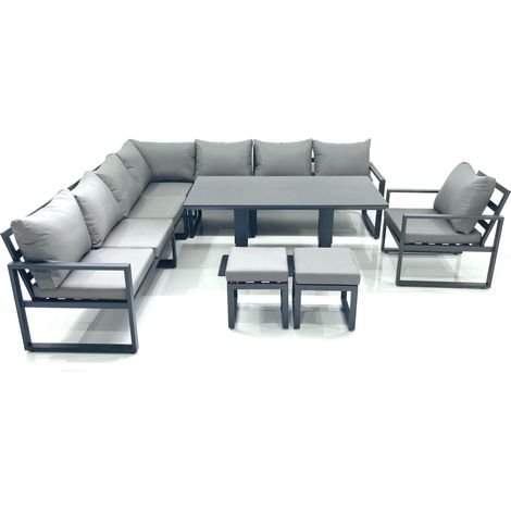 Fimous 10 Seater Outdoor Aluminum Garden Furniture Set Corner Sofa Chair 2 Small Footstool Adjustable Rising Lifting Dining Table Sets Dark Grey (1/5)