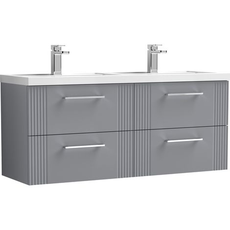 Belvide Partial Fluted 4 Drawer Wall Hung Vanity Unit with Double Polymarble Basin - 1200mm - Satin Grey (1/4)