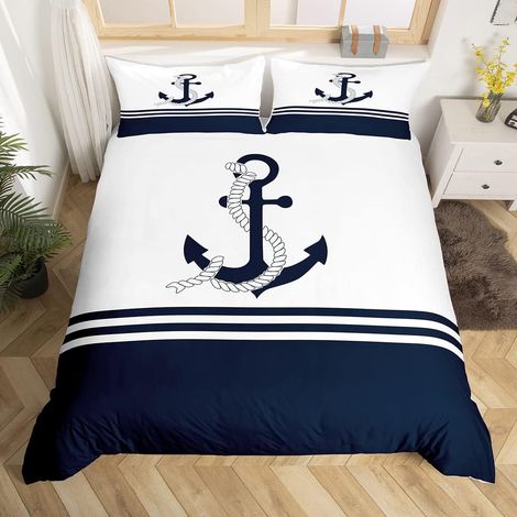 Ancre Décor Parure de Lit 220x240cm Enfants Nautique Thèmes Sets de Housse de Couette La Mer Côtière Respirabilité Mer Adventure Marine Bleu Blanc (1/5)