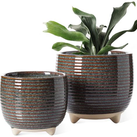 Pot de Fleurs en Céramique, Pots sur Pieds 13+16 cm pour Plantes, Moderne pour la Maison et Le Bureau, Pot d’Intérieur avec Trou de Drainage, Noir à Émail Réactif (1/5)
