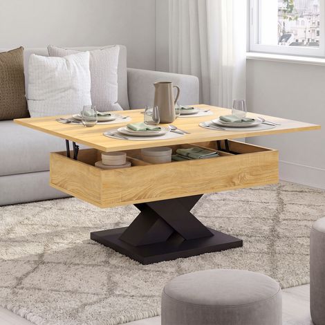 Mesa de centro rectangular con tablero elevable, convertible en mesa de comedor ALICIA de 90 cm, de madera y con patas negras (1/5)