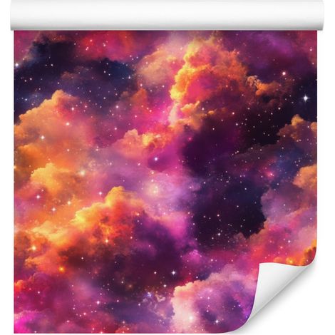Papel pintado de acuarela con diseño de galaxia en tonos morados y ciruela para salón y dormitorio, 50x1000 mm. (1/5)