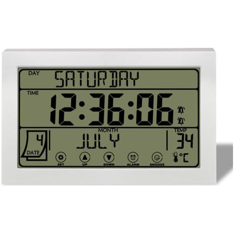 Réveil de Table Mural Multifonction avec Grand Écran LCD Tactile - Horloge Numérique avec Affichage Complet du Jour de la Semaine, Calendrier, Température Intérieure et Double Alarme - Pour Chambre, S