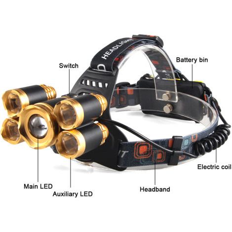 Pair Lampe frontale,Phare de lumière forte extérieur phare 5led phare d'avion zoom rechargeable USB (1/5)