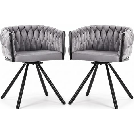 FurnitureR Set of 2 Grey Velvet Swivel Dining Chairs, 360 Degree Rotating Seats with Curved Backs and Black Metal Legs, 61 × 51.5 × 71 cm (1/5)