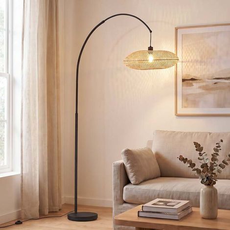 [GEBRAUCHT] B-Ware Lindby Bogenleuchte Solvian schwarz/natur Bambus Metall Lampe Leuchte Spot (1/2)