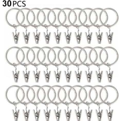 30er-Set Gardinenringe mit Clips, stabil, Haken an Stangenhalterungen, Metallösen Innendurchmesser, für dekorative Gardinen, Fensterrahmen, Silber, 25mm