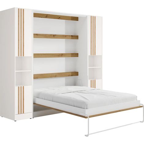 Lit escamotable vertical 140 x 200 cm - 2 colonnes de rangement - Avec tasseaux et LEDs - Blanc et naturel - RAPILI (1/4)