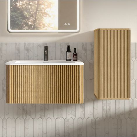 Mueble de baño mural con lavabo de 80 cm y columna, roble HAVRYA (1/5)