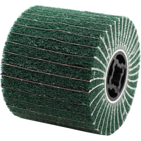 Roue de polissage à fil non tissé, à âme en acier inoxydable, avec brosse à lamelles pour le traitement des surfaces en métal, aluminium et cuivre. (1/5)