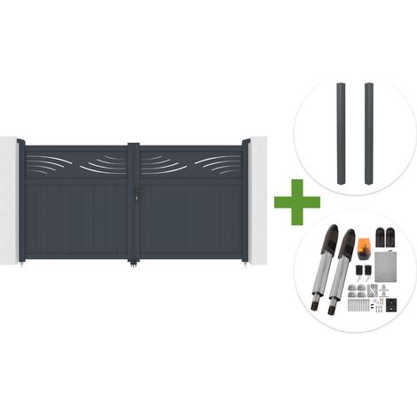 Portail battant 3m HALTI H.160cm aluminium gris + 2 poteaux ELDA 15x15cm + motorisation Tanker B700 (1/5)