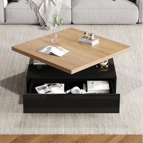 Table basse carrée pivotante 360° avec rangement dissimulé, 70 x 70 x 36 cm, noyer noir (1/5)