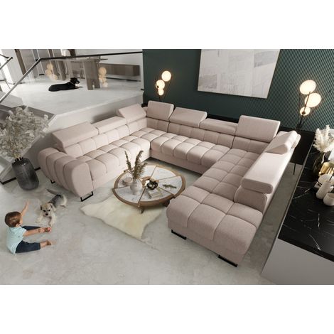 Wohnlandschaft Schlafsofa BASTIEN XL in Stoff Gemma Creme Ottomane Rechts