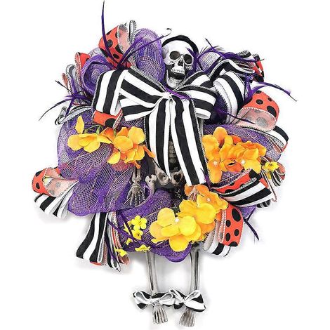 Halloween-Horror-Skelett-Kranz mit künstlichen Blumen, Schleifen und Bändern – Hängende Girlande für Haustür, Wand und gruselige Halloween-Partydekoration