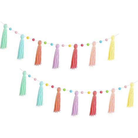 Dekorative Girlande im Boho-Stil mit bunten Quasten (2er-Set), 1,80 m lang, 10 cm breit, zum Aufhängen an der Wand. Ideal für Kinderzimmer, Klassenzimmer oder Babypartys. (1/5)