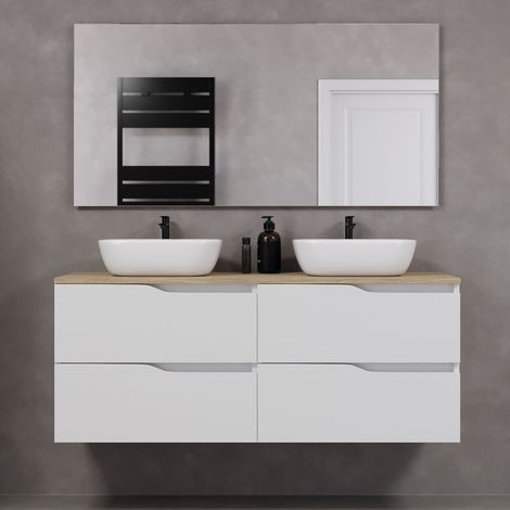 Meuble de salle de bain 140cm avec plateau miel et deux vasques à poser zeus - 4 tiroirs - blanc - LUNA (1/4)
