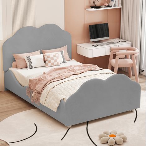 Kinderbett Polsterbett 90x200 cm, grau, in Wolkenform, mit Kopf- und Fußteil sowie Sicherheitsgeländer (1/5)
