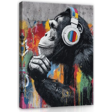 Tableau sur toile singe graffiti style Banksy – Décoration murale moderne pour salon et chambre,  120 x  80  cm (1/4)