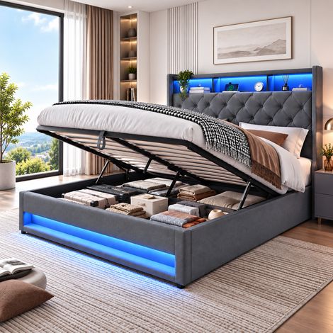 Lit coffre 140x190 avec rangement hydraulique – Tête de lit multifonction avec recharge USB-C – Éclairage LED RGB personnalisable (1/5)