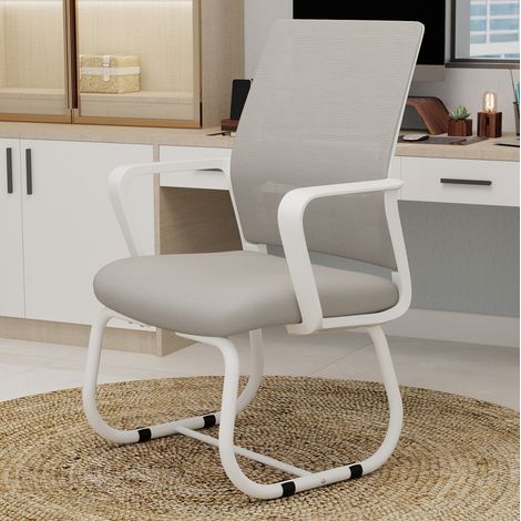 Silla de oficina gris y blanca 90 cm, respaldo de malla, con reposabrazos, MEUBLIV (1/5)