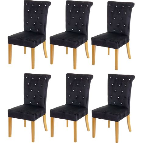 Juego de 6 sillas de comedor de terciopelo negro con decoración de botones de cristal y patas de madera clara 040000797