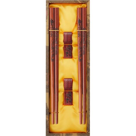 Palillos chinos reutilizables con diseños de dragón y fénix, con soporte y bolsa de transporte. Elegante caja de regalo tradicional china. (1/5)