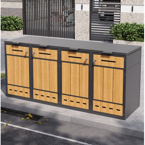 Mülleimerabdeckung aus Stahl in Grau mit Holzoptik, 4 Fächer, Klappdeckel, Fronttüren, belüftet, abschließbares Design (1/5)