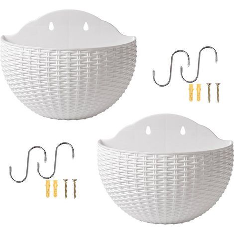 Wandplantenbak voor buitenplanten, 2 stuks imitatie rotan muur hangende bloempot, halve cirkel hangende plantenbak buiten met afvoergat en haken, plantenhouder hanger (1/5)