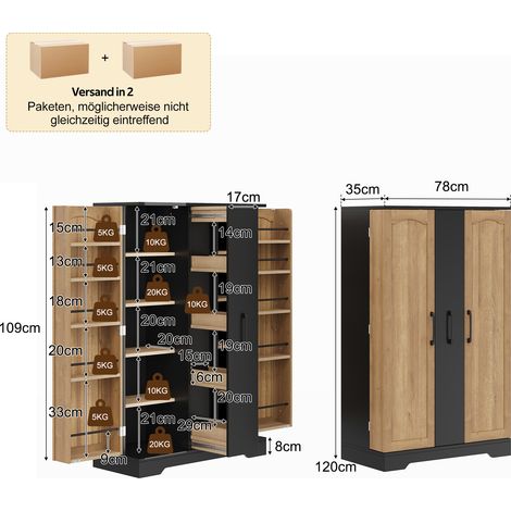 Meuble de cuisine avec étagère à épices, spacieux meuble à double porte avec tiroir vertical coulissant à 4 niveaux, étagères réglables et design moderne – 120 × 78 × 35 cm, Noir + Naturel (1/5)