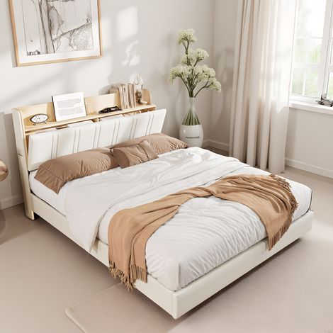 Polsterbett Doppelbett 140x200 cm, Schwebebett mit LED Beleuchtung und USB-Anschlüssen, Modernes Jugendbett mit stauraum, Bettgestell mit Kopfteil und Lattenrost, PU Weiß