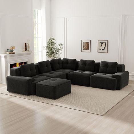Canapé sans cadre pour salon, canapé de bureau, canapé modulable avec pouf, confortable, canapé profond revêtu de velours côtelé, livré monté, antidérapant, noir (1/5)