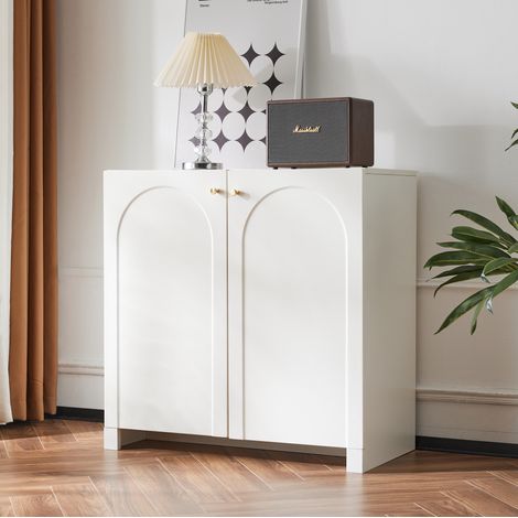 Buffet 80x40x80 cm blanc en panneaux de particules avec 2 portes, motif arche et poignées dorées (1/5)