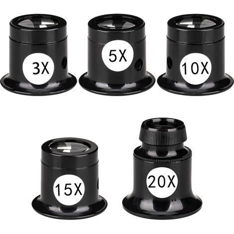 Juego de 5 lupas portátiles para joyeros - Lupa manual - 3X / 5X / 10X / 15X / 20X - Lente óptica - Joyería - Monedas - Textiles - 5 piezas (1/5)