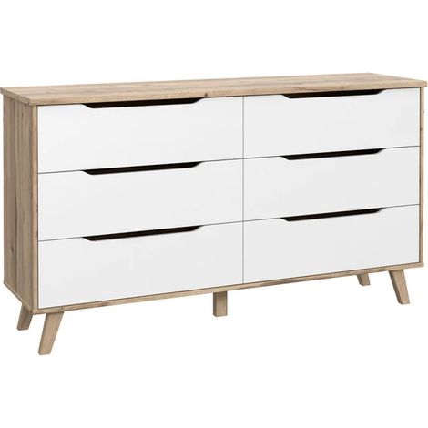 Commode 6 tiroirs décor chêne et blanc pieds bois massif - ALBANE (1/5)