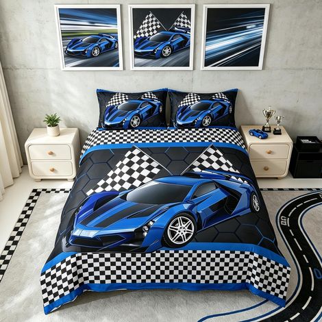 Voiture de Course Housse de Couette 140x200cm Enfants garçons Noir Blanc Drapeau à échecs imprimé Parure de Lit Sports extrêmes Literie Set Vitesse Voiture de Sport Bleu Housse de Couette (1/5)